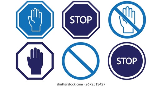 Detener, no cruzar, prohibir, prohibido y alerta conjunto de iconos. Señal de alto. Vectores detener la Ilustración vectorial de signo de la mano. Conjunto de señales rojas de advertencia y prohibición. eps 10