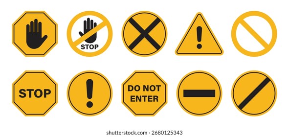 Pare, não atravesse, banir, proibido, exclamação e alerta ícone de vetor marca definir símbolos de placa de sinal de segurança rodoviária, Sinal de parada amarelo, cor preta. Parar a coleção de vetores de sinais manuais.