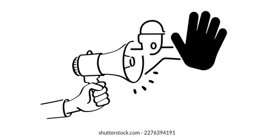 Stop do not enter. No entry sign.  Cartoon megaphone, microphone to speak message.  loudspeaker, microfoon pictogram. Horn, announcing for atention talk. Megaphone amplifier. 