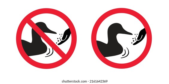 Stop, do not feed duck. No Hand feeds. Animal Forbidden, do not feed the birds on street city. Ducks warning sign. Vector birds icons. Caution signbaord. Forbid Prohibited pictoram. 