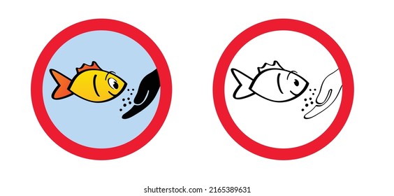 Stop, do not feed fish in the aquarium or fish tank. No Hand feeds. Do not feed the fishing underwater. Cartoon vector water signor signbaord. No ban, stop, allowed area.