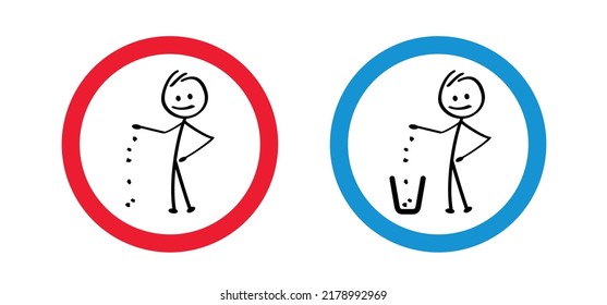 Stop, Do Not Littering. Cartoon Drawing Stickman, Stick Figures Man With Litter Basket Or Litterbin. Clean Up And Trashcan. Cleaning Tools. Vector Container Logo Or Pictogram. 