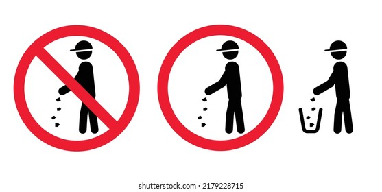 Stop, Do Not Littering. Cartoon Drawing Stickman, Stick Figures Man With Litter Basket Or Litterbin. Clean Up And Trashcan. Cleaning Tools. Vector Container Logo Or Pictogram. 