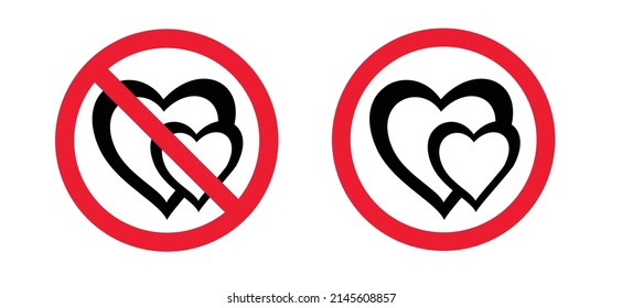 Stop do not love, XOXO with red stop sign. Forbidden couple, romance. Halt allowed, no ban. Flat vector signboard icon or pictogram. Heart shape logo. No falling in love. Valentine, valentine's day