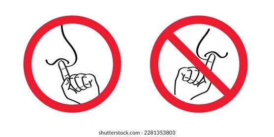 Stop, do not pick nose, dirty conduct. No picking your nose Snot or illness. Cartoon vector icon or pictogram. Bad and disgusting habit or dirty behavior. Picks his nose with his finger