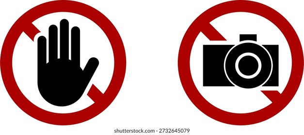 Stop Do not Touch Hand Palm and Do not Take Photo No Camera or not Allowed Warning Info Sign Symbol Icon Set usable in Museums or Art Exhibitions. Vector Image.