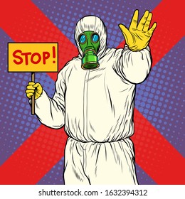 Stop doctor quarantine. Novel Wuhan coronavirus 2019-nCoV epidemic outbreak. Pop art retro vector illustration 50s 60s style