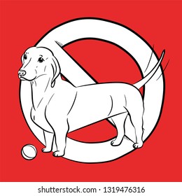 Stop Dog. Dachshund. Black outline. Realistically Hand-drawn Dachshund. Red background. Vector illustration. 