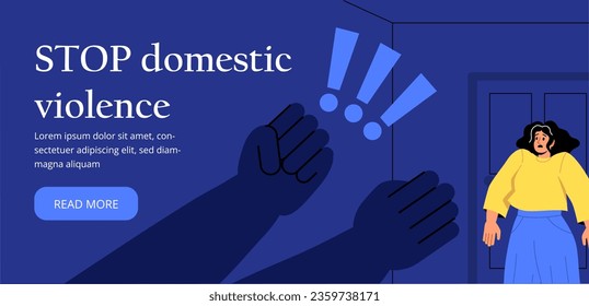Stop domestic violence banner. Silhouette of fists near sad woman. Aggression in family, husband beats his wife. Victim of abuse. Landing page design. Cartoon flat vector illustration