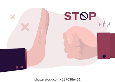 Stop domestic violence, concept banner. Violence in family. Man gestures with fist and stop with hand. Negative space. Protesting against violence and female abuse, bullying. flat vector illustration