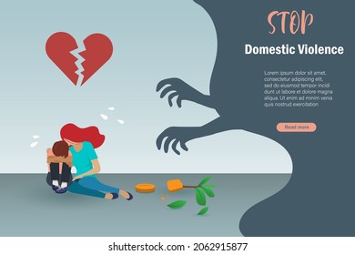 Stop Domestic Violence, Family Abuse Concept. Scared Mother And Boy Sitting And Crying Sadness With Broken Tree Pot And Aggressive Devil Hands