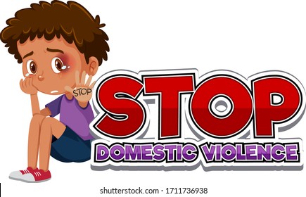 Stop domestic violence font design with crying boy illustration