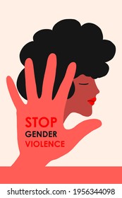 Stop domestic violence. A girl with black hair on the background of a hand with an inscription against violence. The concept is intended for a crisis care center or for the protection of women s
