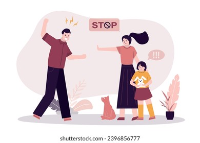 Stop domestic violence, inequality, family problems. Furious father cream yell at wife and child at home. Scared terrified woman and kid frightened by angry dad shouting. Bad family relations. vector