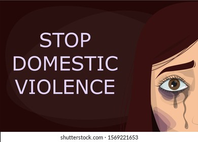 Stop domestic violence poster. Abuse and agression in family, woman crying, purple bruise on the face. Banner with victim.
