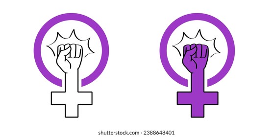 Stop domestic violence or senseless violence. For purple ribbon, awareness month (DVAM). Fist punching or hitting pictogram. Psychology icon. Nonviolence concept. Angry, afraid person. Woman against.