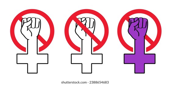 Stop domestic violence or senseless violence. For purple ribbon, awareness month (DVAM). Fist punching or hitting pictogram. Psychology icon. Nonviolence concept. Angry, afraid person. Woman against.