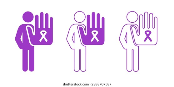 Stop domestic violence or senseless violence. For purple ribbon, awareness month (DVAM). Fist punching or hitting pictogram. Psychology icon. Nonviolence concept. Angry, afraid person. purple ribbon.