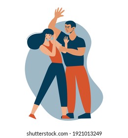 Stop domestic violence. Social issues, abuse and agression on women, harassment and bullying. Violence against woman. Man hitting his wife. Flat vector illustration, isolated on a white background.