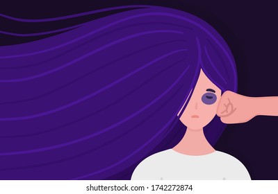 Stop domestic violence. Woman is punched in face by aggressor. Girl with purple hair. Concept is for crisis help center or for advocacy for women's rights.  Vector, eps10