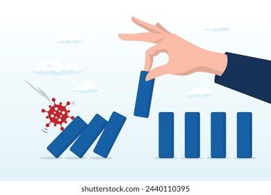 Stop domino effect of market, economics collapse, financial crisis from COVID-19 Coronavirus flu outbreak, COVID-19 pathogen impact domino create fall domino effect but hand pick one to stop (Vector)