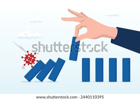 Stop domino effect of market, economics collapse, financial crisis from COVID-19 Coronavirus flu outbreak, COVID-19 pathogen impact domino create fall domino effect but hand pick one to stop (Vector)