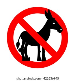 Stop donkey.  Ban stupid people. Prohibited fool. Crossed-out silhouette of ass. Emblem against stupidity. Red prohibition sign