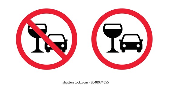 Stop,  don't drink and drive signboard. Car and glass pictogram or icon. Forbidden, no alcohol. Prohibiting sign, car and glass warning symbol. No driving and drinking