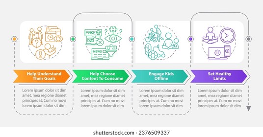 Stop doomscrolling tip for parents rectangle infographic template. Data visualization with 4 steps. Editable timeline info chart. Workflow layout with line icons. Myriad Pro-Bold, Regular fonts used