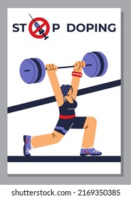 Stop Doping Banner Concept With Sportswoman Cartoon Character, Flat Vector Illustration. Prevention Doping And Fair Sport Competitiveness Banner Or Poster Idea.