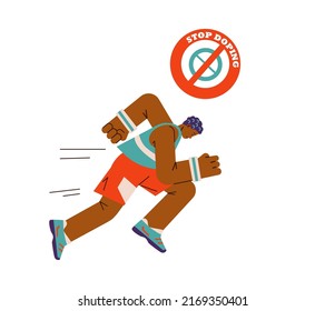 Stop doping symbol with athletic man running on competitions, flat vector illustration isolated on white background. Cartoon character of sportsman jogging professionally. Concept of doping cheating.