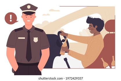 Stop drinking alcohol drink while driving car vector illustration. Cartoon young man character holding bottle, drunk driver sitting in automobile vehicle seat, policeman warning of danger background