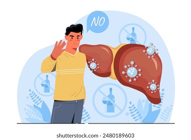 Stop drinking alcohol. Man refuse from alcoholic drinks. Character give up bad habits for healthy lifestye. Guy show prohibited gesture near liver with illness. Cartoon flat vector illustration