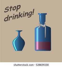 Stop drinking appeal. Whiskey bottle with tied neck and overturned glass. Vector illustration