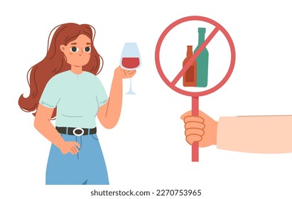 Stop drinking concept. Young girl hold glass of wine, drunk woman. Bad habit, alcohol addiction adult character. Unhealthy lifestyle vector scene