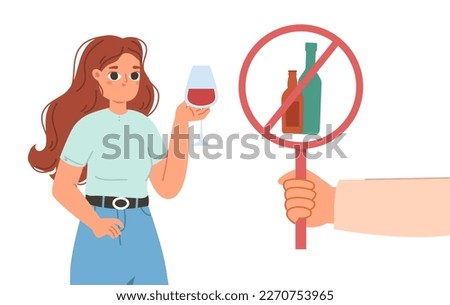 Stop drinking concept. Young girl hold glass of wine, drunk woman. Bad habit, alcohol addiction adult character. Unhealthy lifestyle vector scene