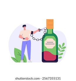 Stop drinking illustration. Drunk person suffering from alcoholic drinks. Concept of alcohol addiction, sober, healthy lifestyle without alcohol. Vector flat cartoon design for web banners