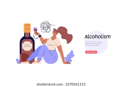 Stop drinking illustration. Drunk person suffering from alcoholic drinks. Concept of alcohol addiction, sober, healthy lifestyle without alcohol. Vector flat cartoon design for web banners