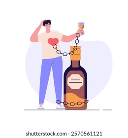 Stop drinking illustration. Drunk person suffering from alcoholic drinks. Concept of alcohol addiction, sober, healthy lifestyle without alcohol. Vector flat cartoon design for web banners