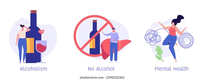 Stop drinking illustration. Healthy people refuse alcoholic drinks. Concept of alcohol addiction, sober, healthy lifestyle without alcohol. Vector flat cartoon design for web banners