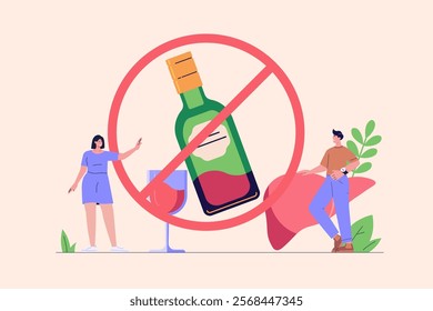 Stop drinking illustration. Healthy people refuse alcoholic drinks. Concept of alcohol addiction, sober, healthy lifestyle without alcohol. Vector flat cartoon design for web banners