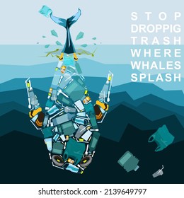 Stop dropping trash where whales splash. Conceptual illustration about the problem of pollution of the world's oceans