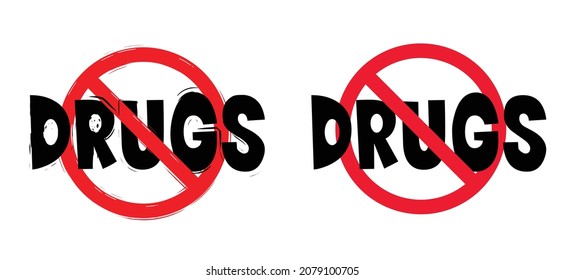 Stop Drug Addiction, No Drugs. Concept For Red Ribbon. Forbidding Syringe, Tobacco, And Other Drug, Drugs Addict, Cocaine, Heroin, Crack, Prevention Concept. Drug Free Zone. For School Or Work. 