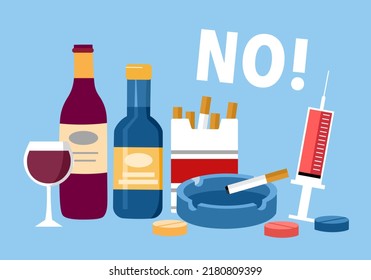 Stop drugs, alcohol, cigarettes concept vector illustration. No bad habits.