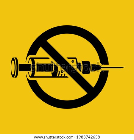 Stop Drugs icon. Vector illustration flat design. Isolated on white background. International Day against Drug Abuse. Illicit Trafficking. Red sign with and black silhouette syringe. No Drug sign.