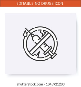 Stop drugs line icon. International day against drug abuse. Forbidden sign with syringe. Drugs icon in prohibition red circle. Say no to drug addiction. Isolated vector illustration. Editable stroke 