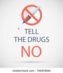Stop Drugs sign. Vector illustration flat style design. International Day against Drug Abuse. Red sign with a syringe.