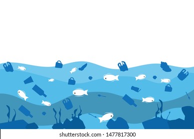 Stop Dumping Plastic Waste Into The Sea.
Plastic Pollution In The Ocean. Dead Fish Floating In The River. Poster Of The Underwater Ecosystem. Copy-space For Text. Vector Illustration In Flat Design. 