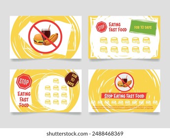 Stop eating fast food tracking card habit tracker design template set vector flat illustration. Unhealthy junk meal burger soda drink and hot dog forbidden sign goal planner check form for control