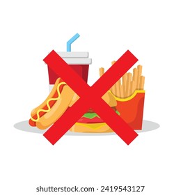 stop eating junk food, prohibited junk food, flat style prohibition vector illustration